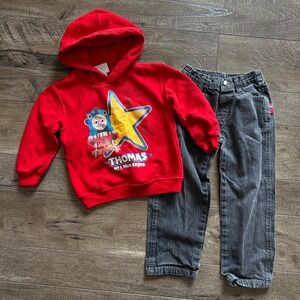 Vintage Y2K Thomas & Friends Kids Red Hoodie and Grey Denim Pants Set 3T/4T